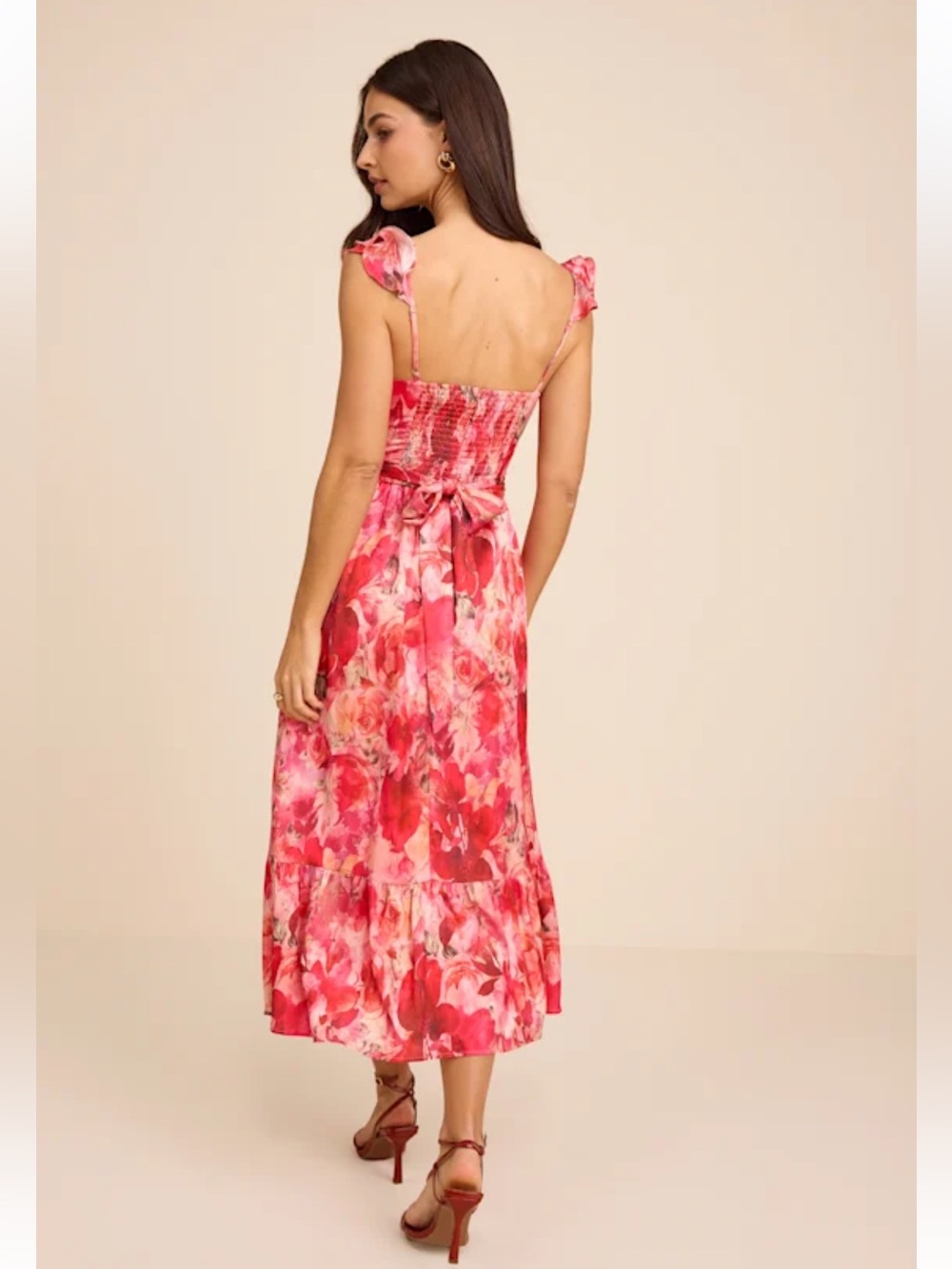 Lulus Sweet Like Sangria Pink Floral Ruffled Bustier Midi Dress - Size XL Flirty - Picture 8 of 8